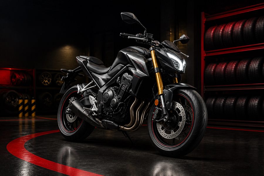 Moto com pneus novos em uma loja especializada